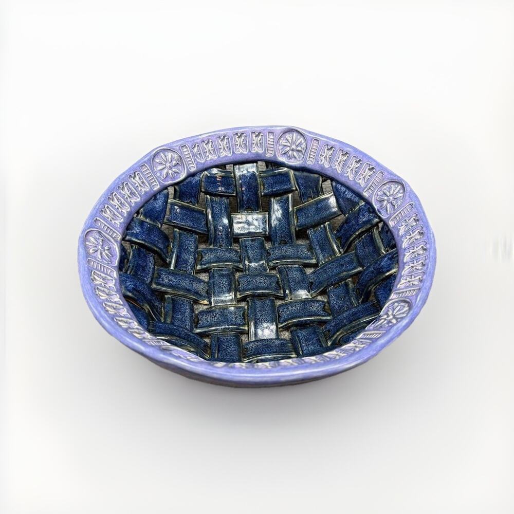 Vintage Blue White Woven Ceramic Basket Bowl Stoneware Art Pottery